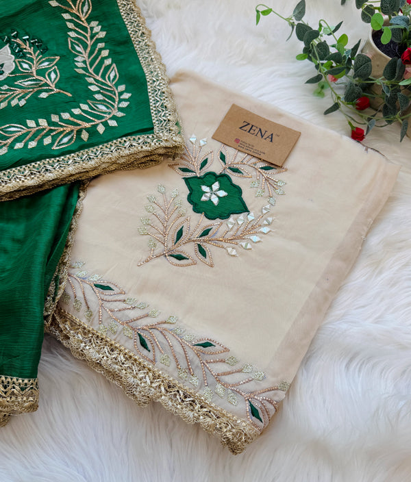 💕 Premium Crepe Hand-Detailed Unstitched Partywear Suit 💕