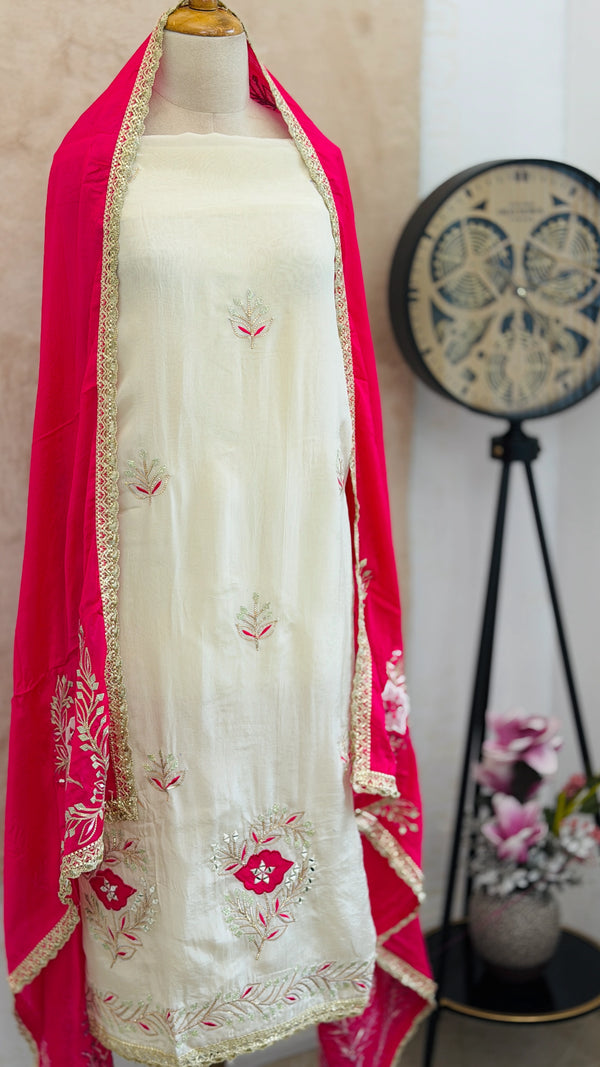 💕 Premium Crepe Hand-Detailed Unstitched Partywear Suit 💕