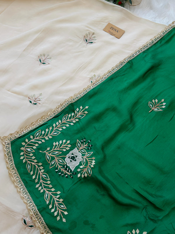 💕 Premium Crepe Hand-Detailed Unstitched Partywear Suit 💕