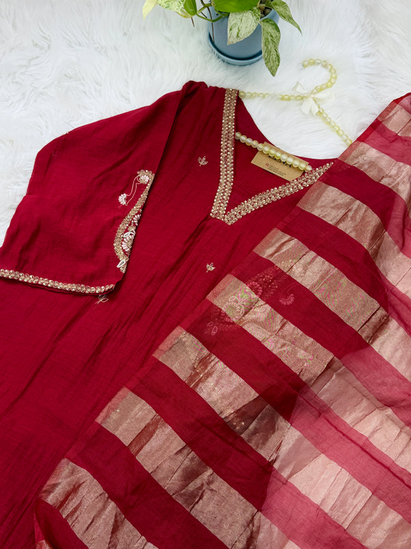 ✨ Pure Mul Chanderi Handwork A-Line Kurti Set ✨