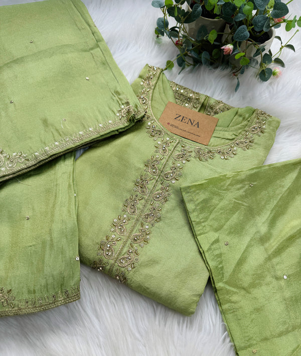 Pure Tissue Silk Hand-Work Party Wear Kurti Set