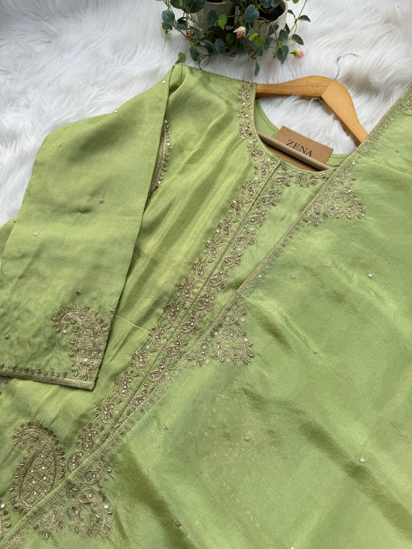 Pure Tissue Silk Hand-Work Party Wear Kurti Set