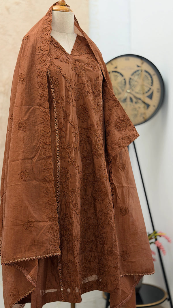 ✨ Pure Mul Chanderi Embroidered A-Line Kurti Set