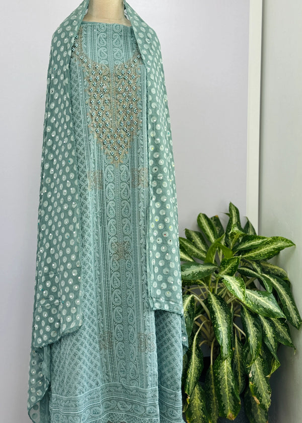Georgette Unstitched Chikankari Party Wear Kurti Set with Original Mirror Work Dupatta & Lining