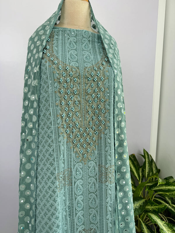 Georgette Unstitched Chikankari Party Wear Kurti Set with Original Mirror Work Dupatta & Lining
