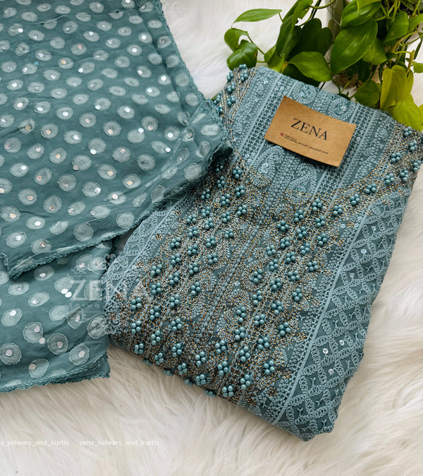 Georgette Unstitched Chikankari Party Wear Kurti Set with Original Mirror Work Dupatta & Lining