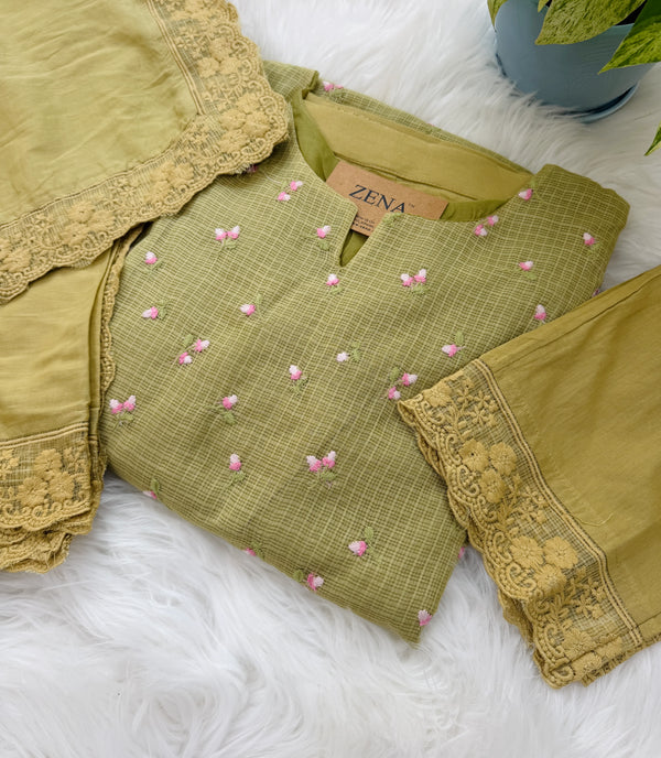 ✨ Pure Kota Doria Floral Embroidered Kurti Set