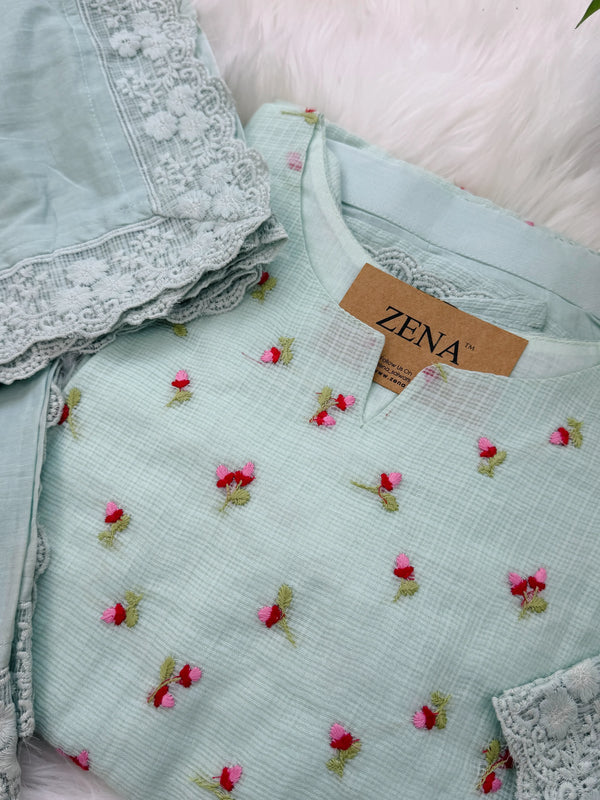 ✨ Pure Kota Doria Floral Embroidered Kurti Set