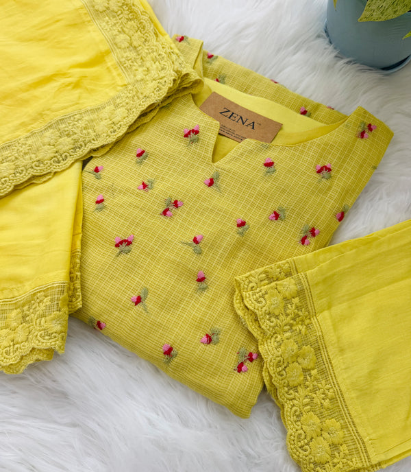 ✨ Pure Kota Doria Floral Embroidered Kurti Set