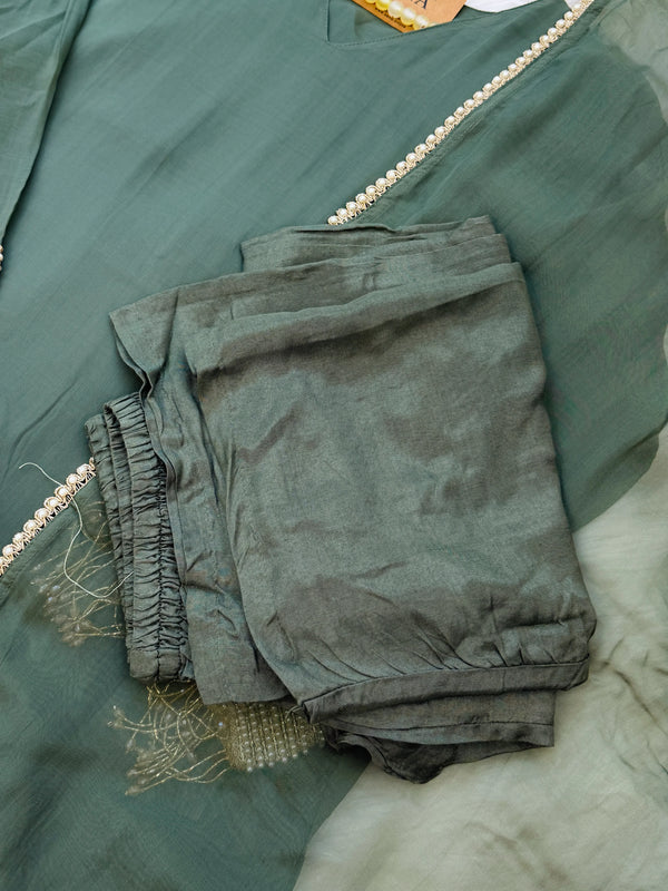 ✨ Viscose Organza Pearlwork Party Wear Kurti Set