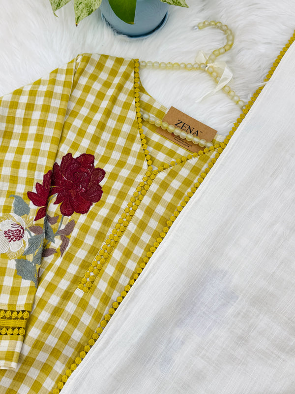 ✨ Imported Double Cloth Checks Embroidered Kurti Set