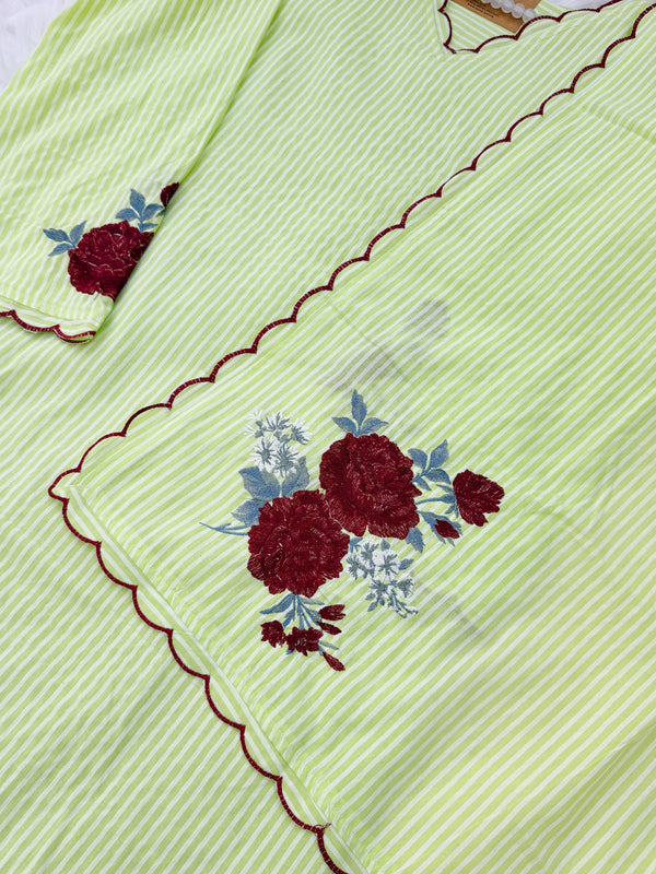 ✨ Striped Cotton Embroidered Kurti Set