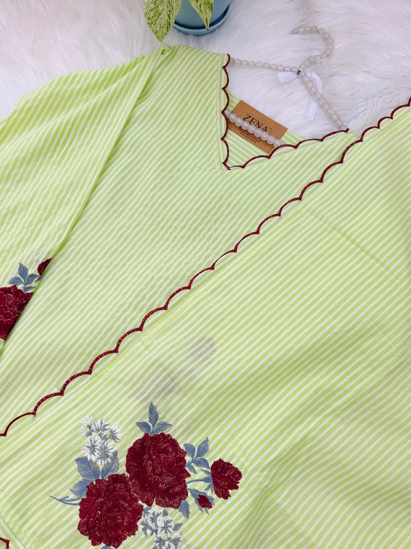 ✨ Striped Cotton Embroidered Kurti Set