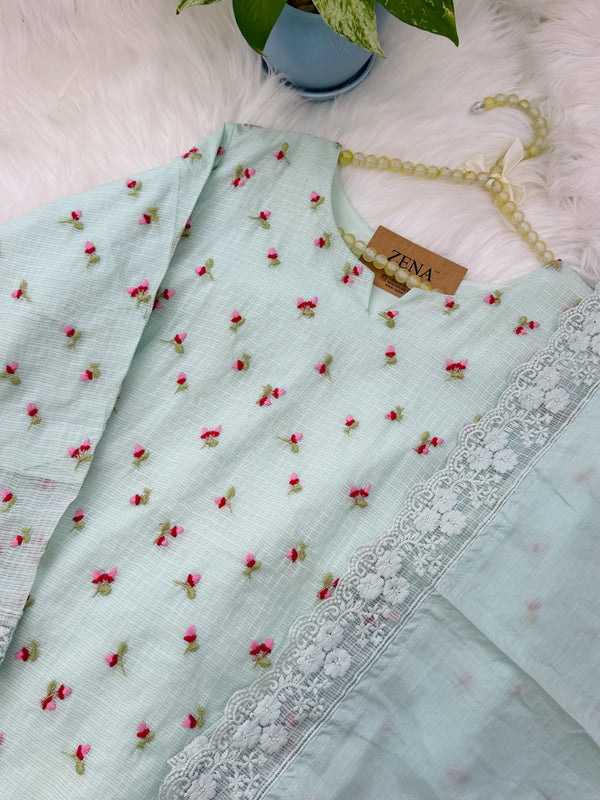 ✨ Pure Kota Doria Floral Embroidered Kurti Set