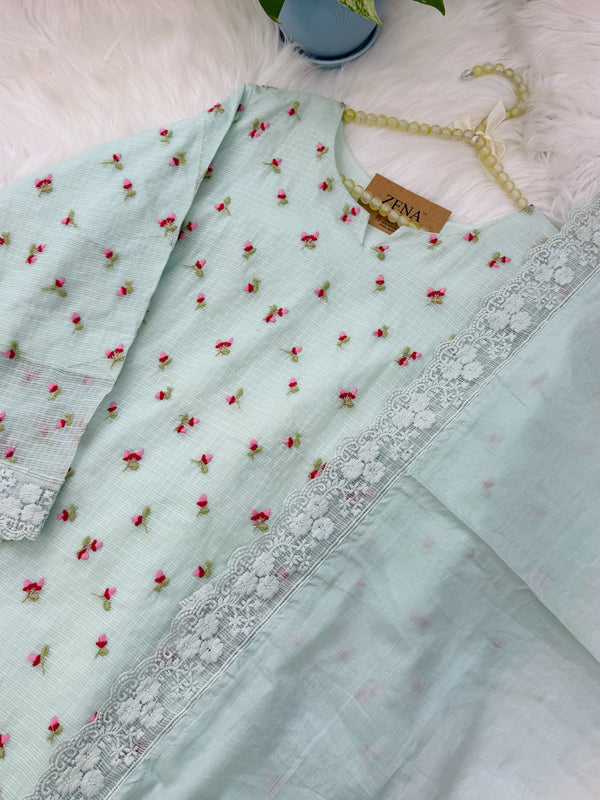 ✨ Pure Kota Doria Floral Embroidered Kurti Set