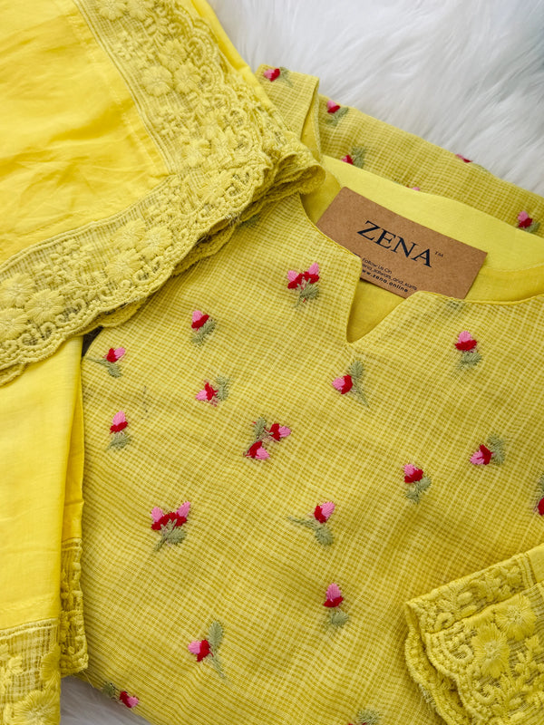 ✨ Pure Kota Doria Floral Embroidered Kurti Set