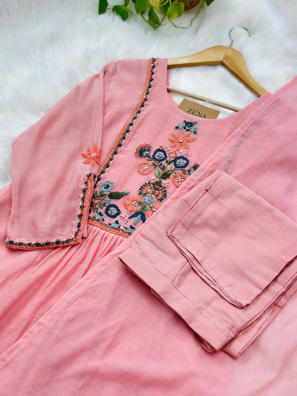 Elegant Premium Mul Chanderi Handwork Kurti Set – Grace in Every Thread