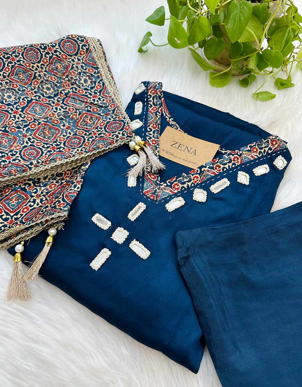 Ready-to-Wear Pure Muslin Kurti Set with Mirror Work – Effortless Elegance✨