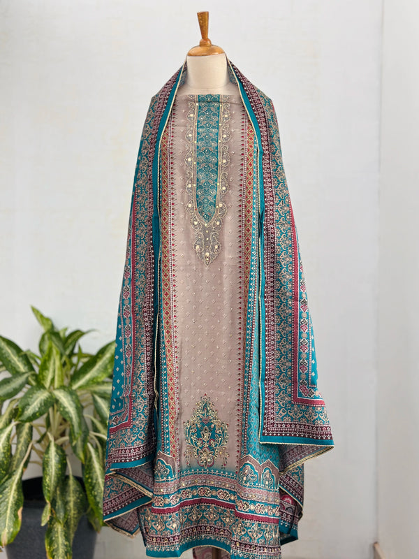 Pure Muslin Unstitched Suit with Handwork Details