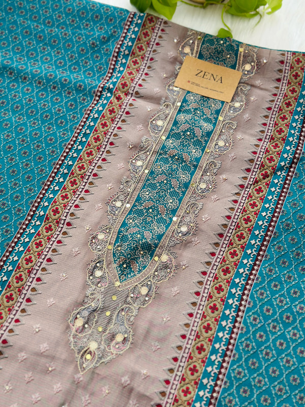 Pure Muslin Unstitched Suit with Handwork Details