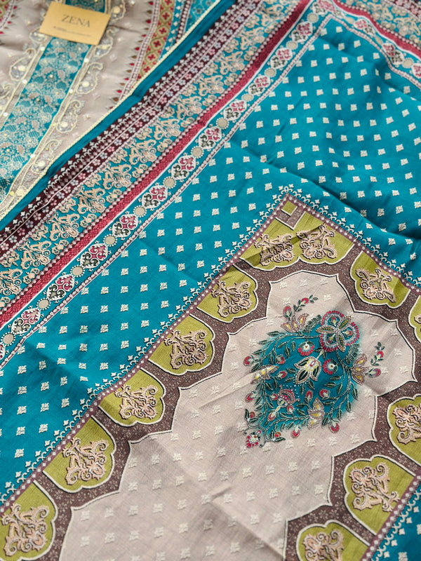 Pure Muslin Unstitched Suit with Handwork Details