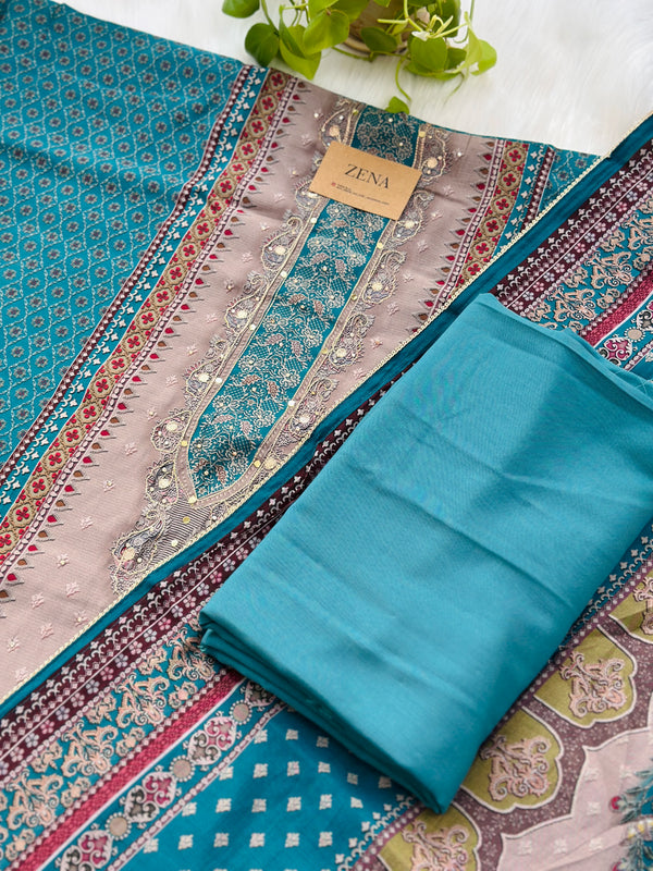 Pure Muslin Unstitched Suit with Handwork Details