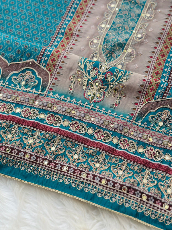 Pure Muslin Unstitched Suit with Handwork Details