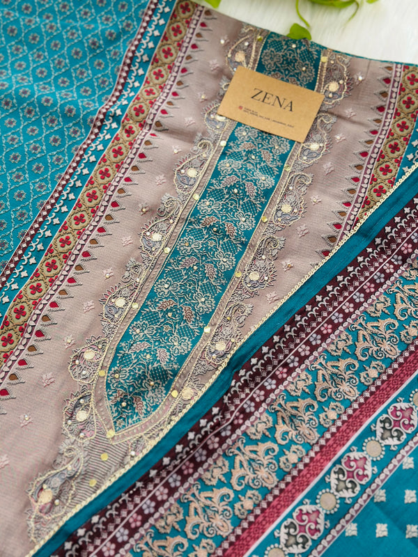 Pure Muslin Unstitched Suit with Handwork Details