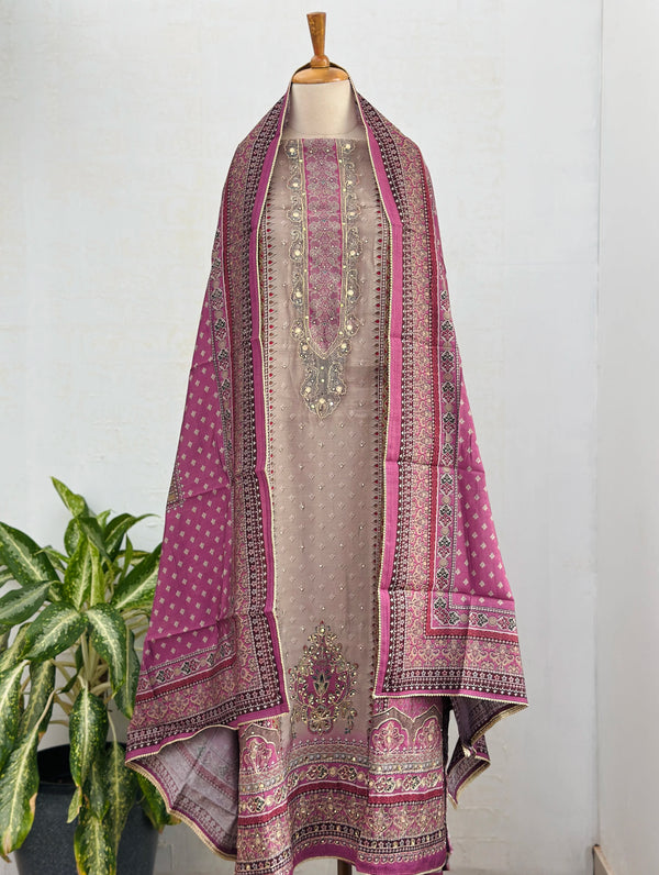 Pure Muslin Unstitched Suit with Handwork Details