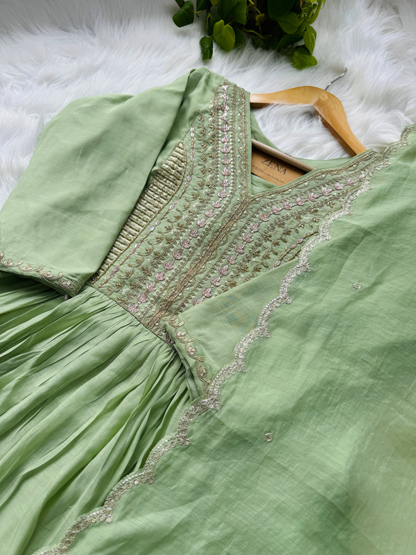 Mul Chanderi Handcrafted Anarkali Partywear Kurti Set