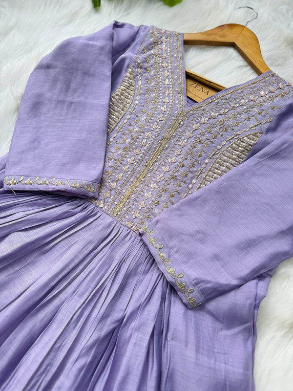 Mul Chanderi Handcrafted Anarkali Partywear Kurti Set