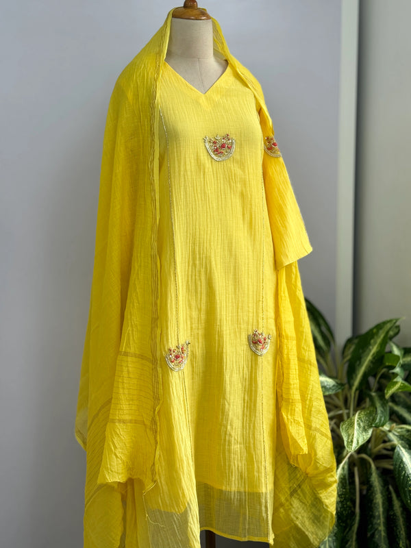 Premium Mul Chanderi Handwork Kurti Set