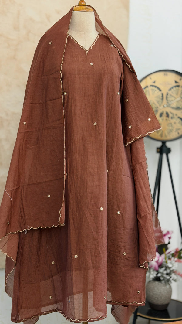 Premium Mul Chanderi Mirror Work A-Line Kurti Set – Shine with Subtle Elegance