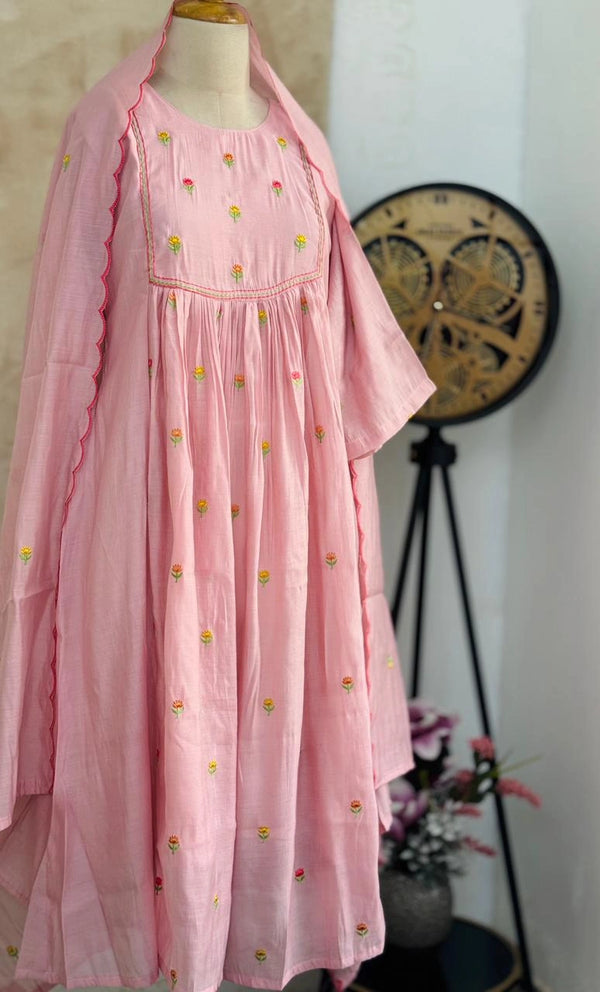✨ Glass Chanderi Anarkali Kurti Set – Top, Bottom & Dupatta ✨