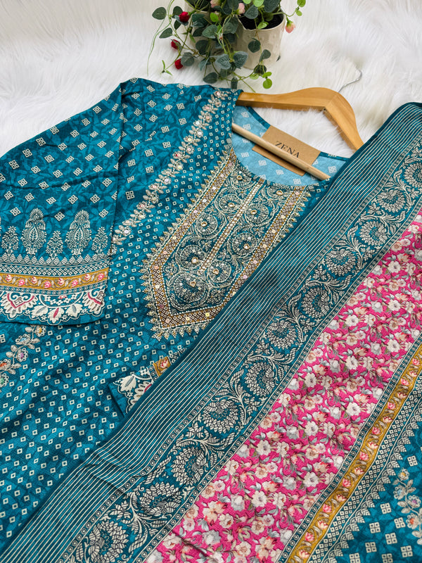 ✨ Muslin Hand-Detailed Party Wear Suit – Top, Bottom & Dupatta ✨