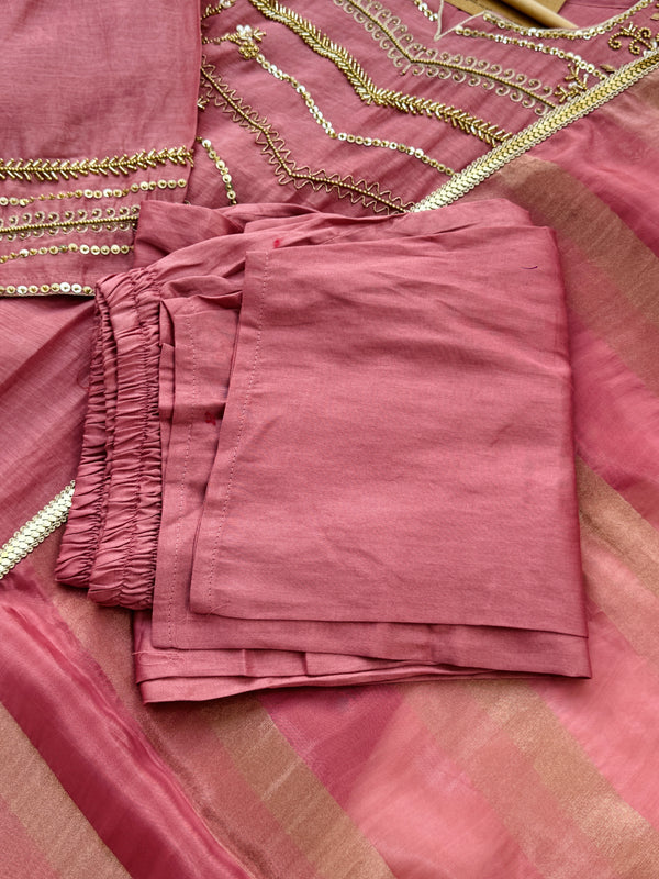 Premium Mul Chanderi Handwork Kurti Set – Top, Bottom & Dupatta