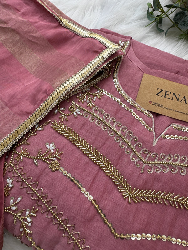 Premium Mul Chanderi Handwork Kurti Set – Top, Bottom & Dupatta