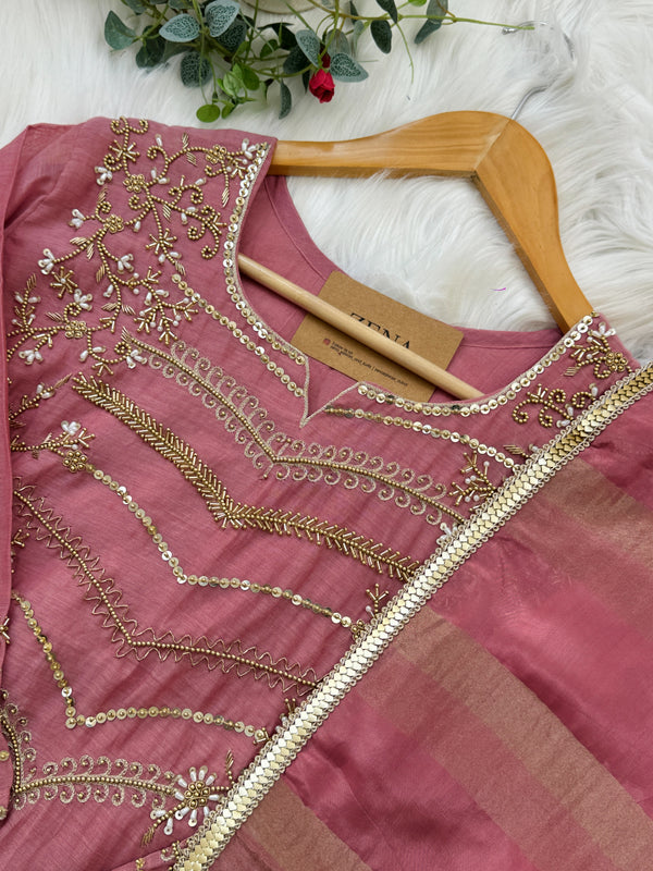 Premium Mul Chanderi Handwork Kurti Set – Top, Bottom & Dupatta