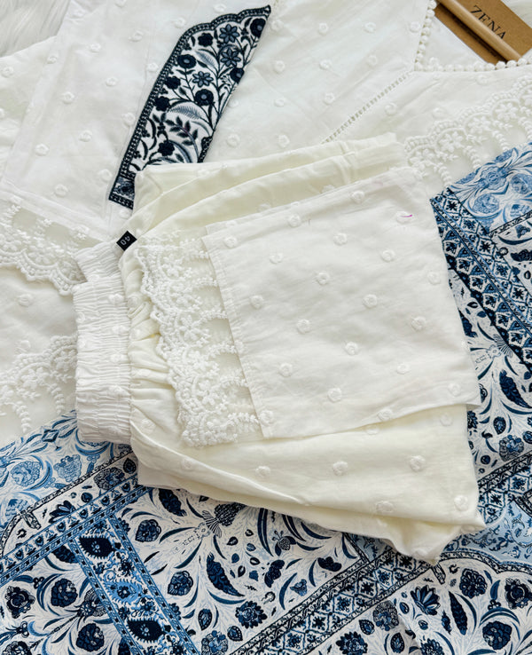 Pure Cotton Embroidered A-Line Kurti Set – Top, Bottom & Dupatta