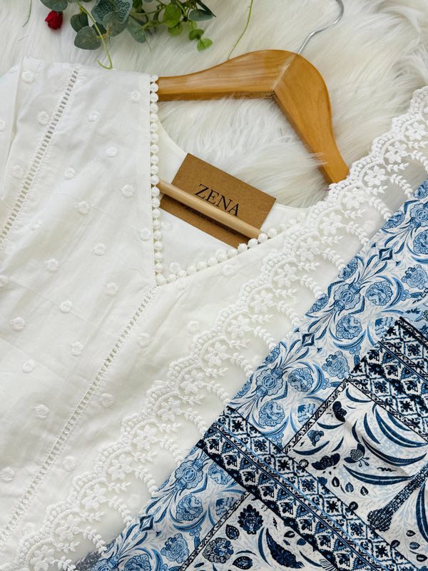 Pure Cotton Embroidered A-Line Kurti Set – Top, Bottom & Dupatta