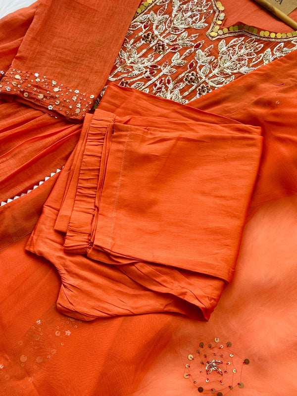 Premium Mul Chanderi Handwork Kurti Set – Top, Bottom & Dupatta