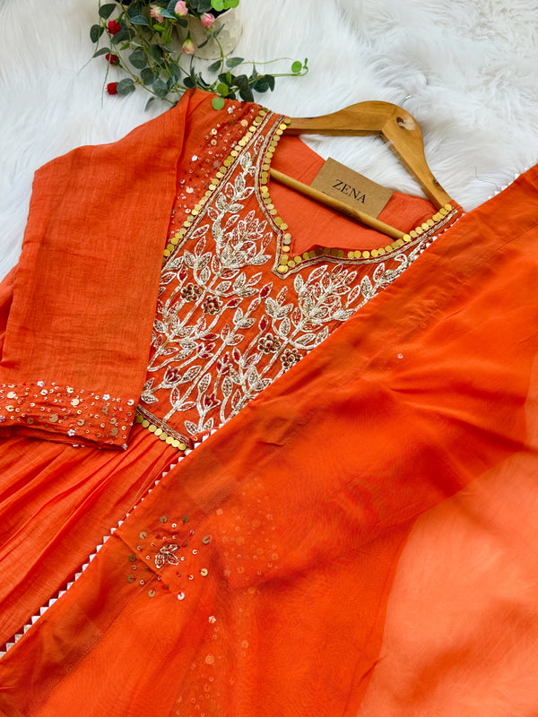 Premium Mul Chanderi Handwork Kurti Set – Top, Bottom & Dupatta