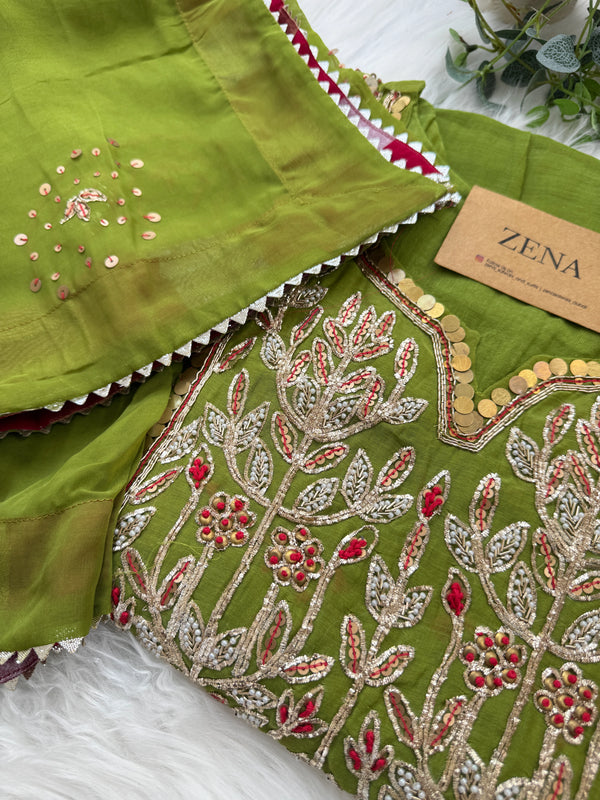 Premium Mul Chanderi Handwork Kurti Set – Top, Bottom & Dupatta