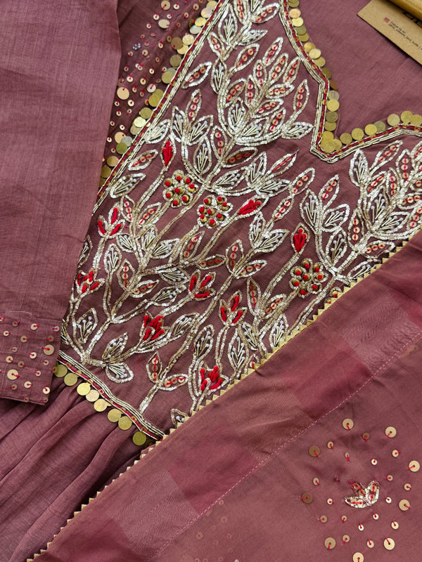 Premium Mul Chanderi Handwork Kurti Set – Top, Bottom & Dupatta