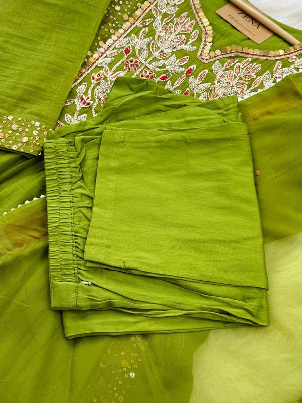 Premium Mul Chanderi Handwork Kurti Set – Top, Bottom & Dupatta