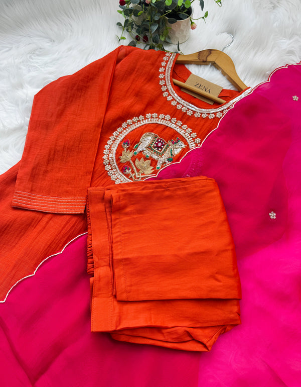 ✨ Premium Mul Chanderi Handwork Kurti Set – Top, Bottom & Dupatta ✨