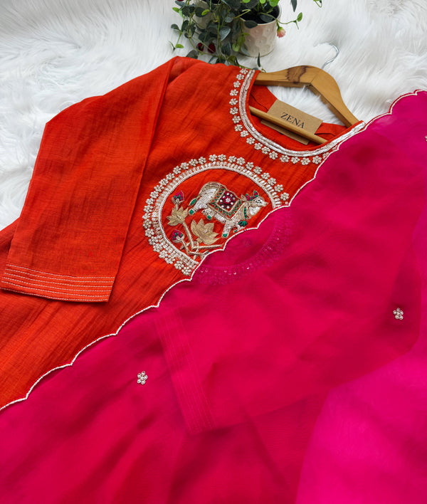 ✨ Premium Mul Chanderi Handwork Kurti Set – Top, Bottom & Dupatta ✨
