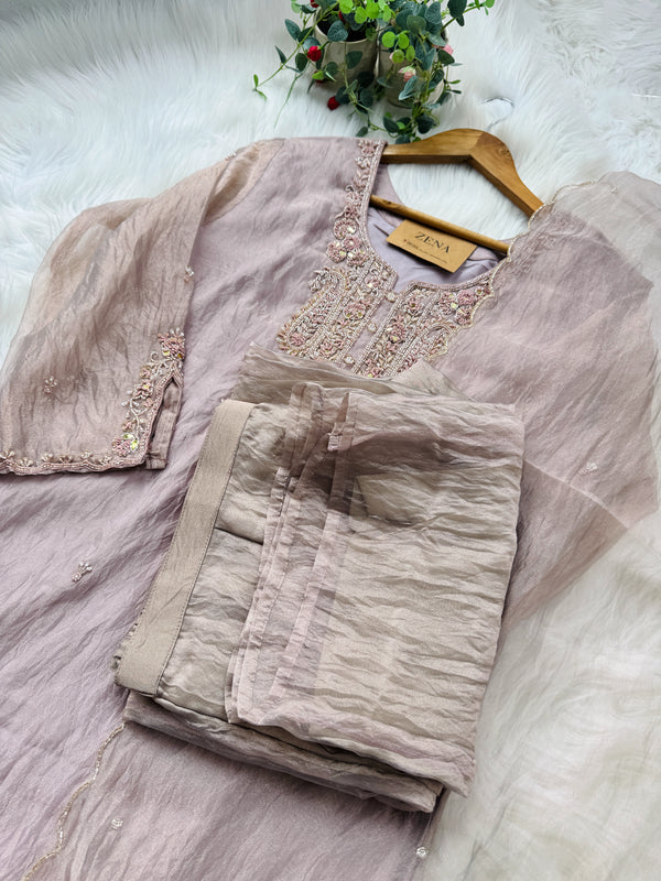 ✨ Premium Crushed Tissue Silk Handwork Suit – Top, Bottom & Dupatta ✨