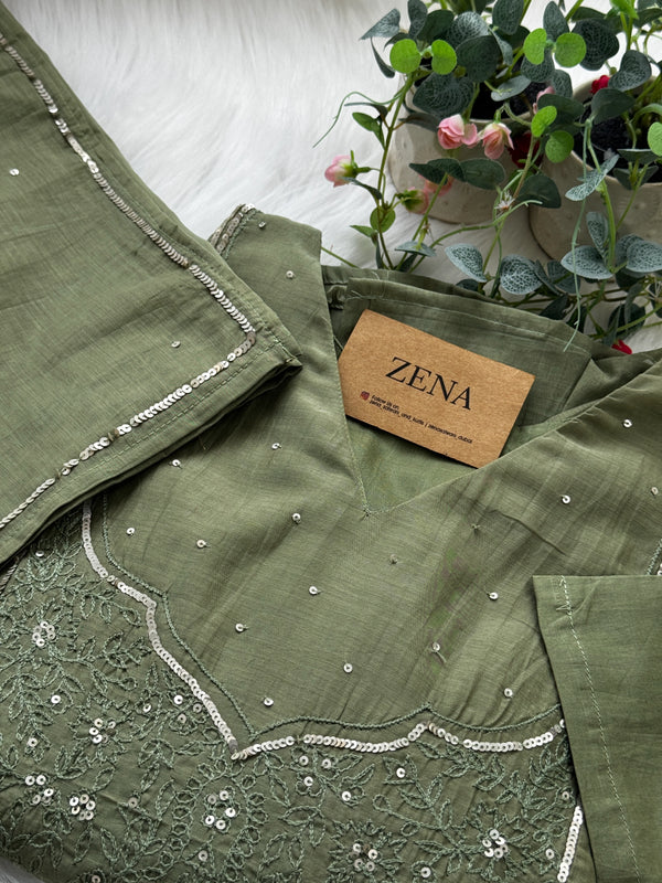 Mul Chanderi Hand-Detailed Anarkali Set