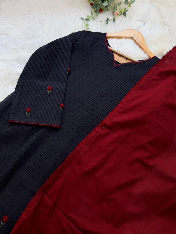 ✨ Pure Cotton Striped Hand-Embroidered French Knot Kurti Set ✨